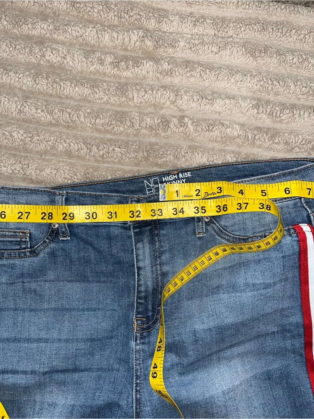 NOBO Mid-Blue Skinny Jeans with Red and White Side Stripes